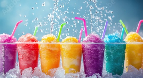 A vibrant scene of colorful slushies in plastic cups with straws, surrounded by ice and splashing water droplets.  photo