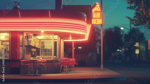 Fototapeta Naklejka Na Ścianę i Meble -  Retro Diner Under the Neon Lights