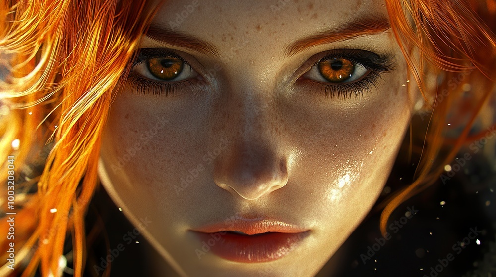 Intense Gaze: Close-Up Portrait of a Woman with Red Hair and Golden Eyes Intense Gaze: Close-Up Portrait of a Woman with Red Hair and Golden Eyes