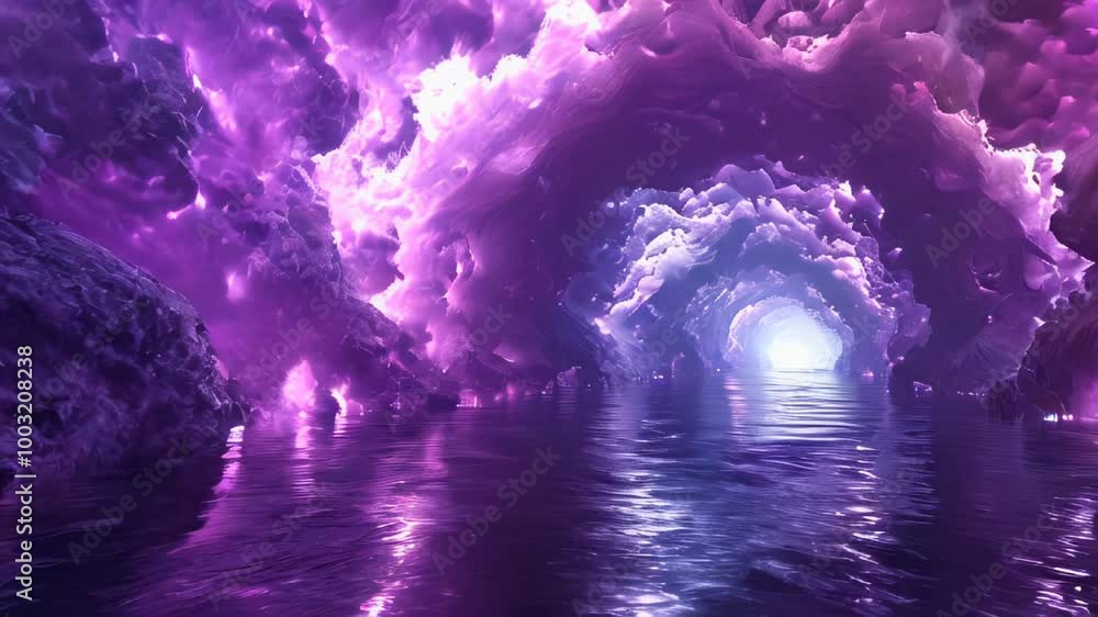 Tunnel made of violet blue clouds over sea surface Tunnel made of violet blue clouds over sea surface