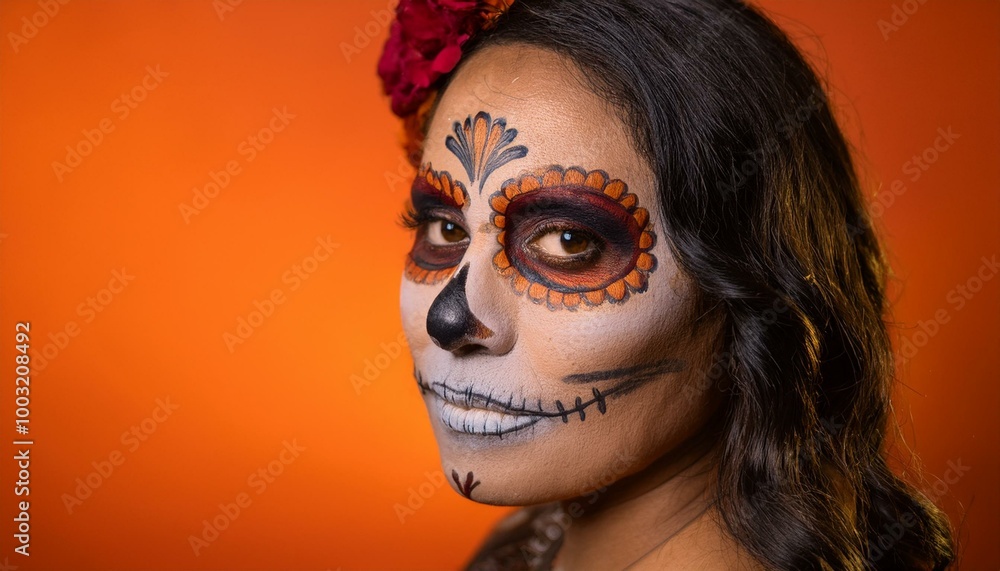 Woman with Intricate Makeup for Day of the Dead Celebration and Festive Halloween Face Paint on Vibrant orange Background Woman with Intricate Makeup for Day of the Dead Celebration and Festive Halloween Face Paint on Vibrant orange Background