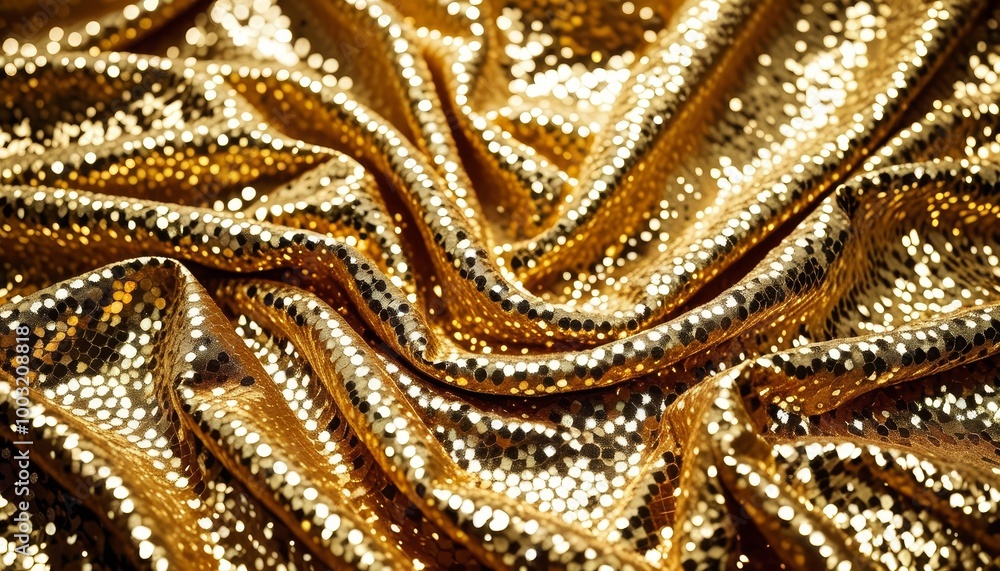 Obraz premium Gold Sequin Fabric Background with Crumpled Texture and Shining Glamour
