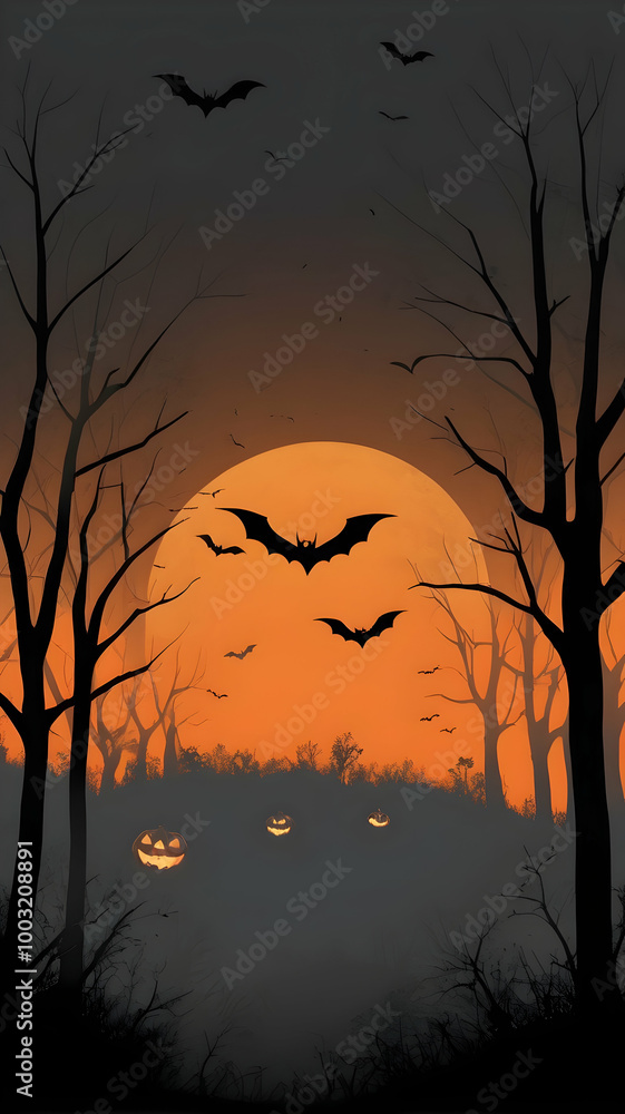 Spooky Halloween themed wallpaper designed for graphic design projects. Foggy night with Halloween pumpkins and a subtle, glowing effects that faint pulses of light mimicking the flicker of candlelit Spooky Halloween themed wallpaper designed for graphic design projects. Foggy night with Halloween pumpkins and a subtle, glowing effects that faint pulses of light mimicking the flicker of candlelit