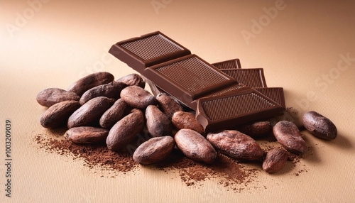 Dark chocolate bar with cocoa beans on light brown background