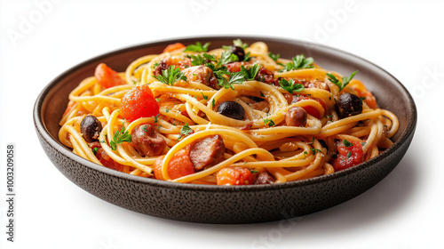 Delicious spaghetti dish with fresh tomatoes, olives, and herbs served in a dark bowl