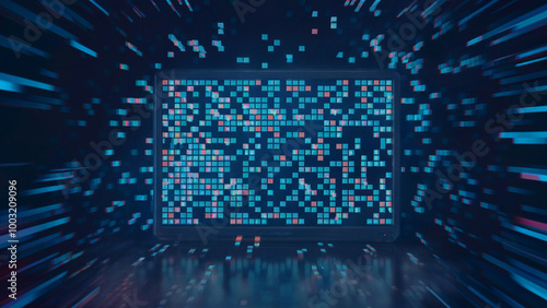 Wallpaper Mural A digital screen, possibly a laptop or a tablet, surrounded by a myriad of colorful, pixelated particles that radiate outward.  Torontodigital.ca