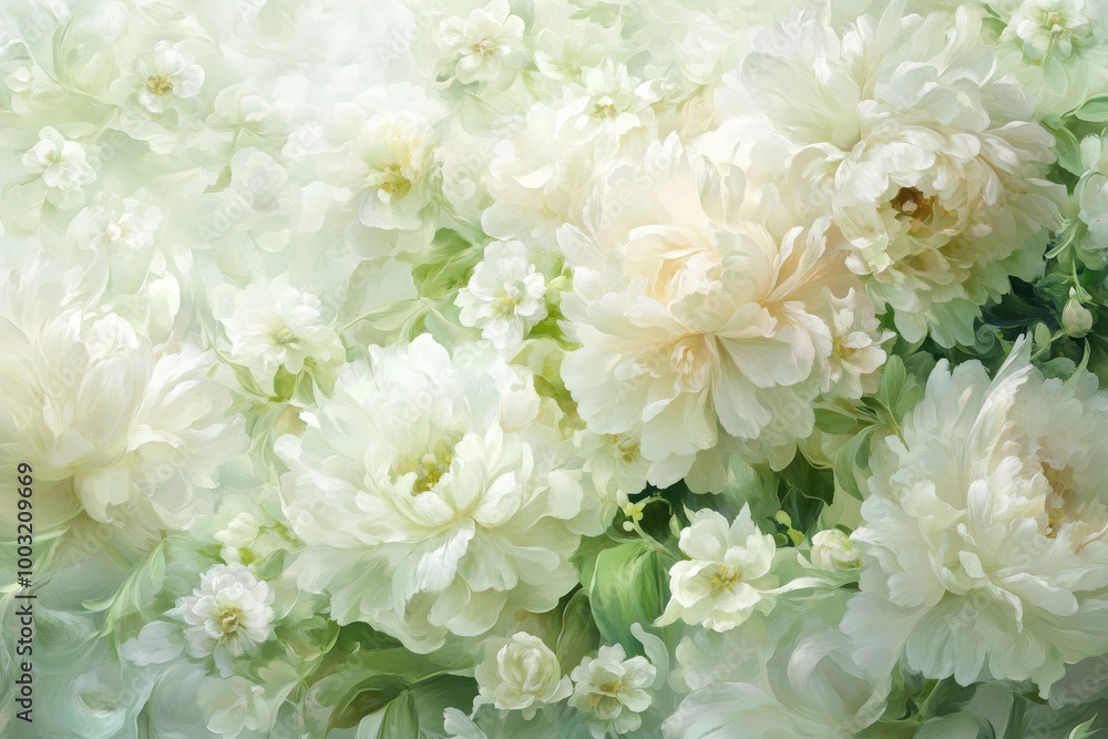 In this wallpaper, white and green leaves and flowers cover both the side of the wall and its bottom half. It is generated using stock.