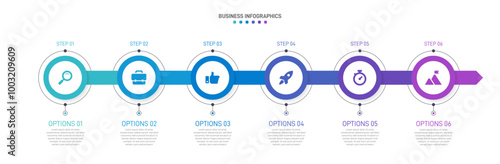 Horizontal progress bar featuring 6 arrow-shaped elements, symbolizing the six stages of business strategy and progression. Clean timeline infographic design template. Vector for presentation