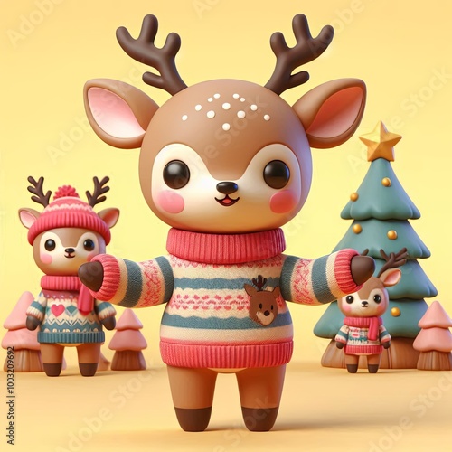 Cute Deer Wearing Sweater Cartoon , 3d  Generative AI
 photo