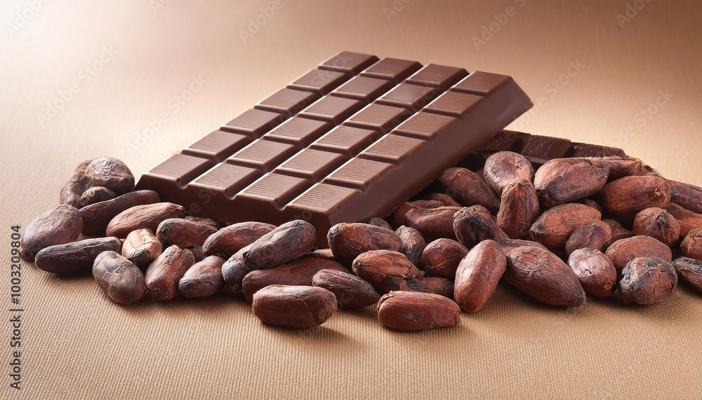 Dark chocolate bar with cocoa beans on light brown background Dark chocolate bar with cocoa beans on light brown background