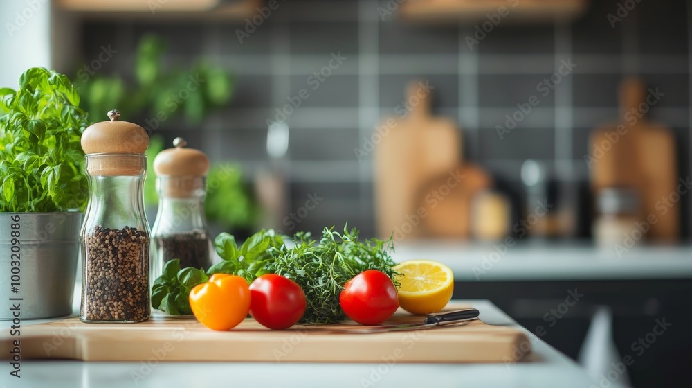 Fresh Produce on a Wooden Cutting Board in a Modern Kitchen Fresh Produce on a Wooden Cutting Board in a Modern Kitchen