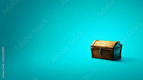 A bright cyan background with a small, floating treasure chest glowing faintly. Treasure chest on a cyan background.