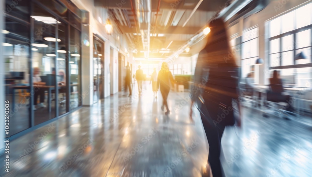 Fototapeta premium Blurred background of an open-plan office interior with young women walking and people working. business people walking in corridor office building. Motion blur