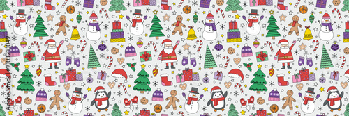 Christmas seamless pattern with cartoon characters and decorations. Vector illustration