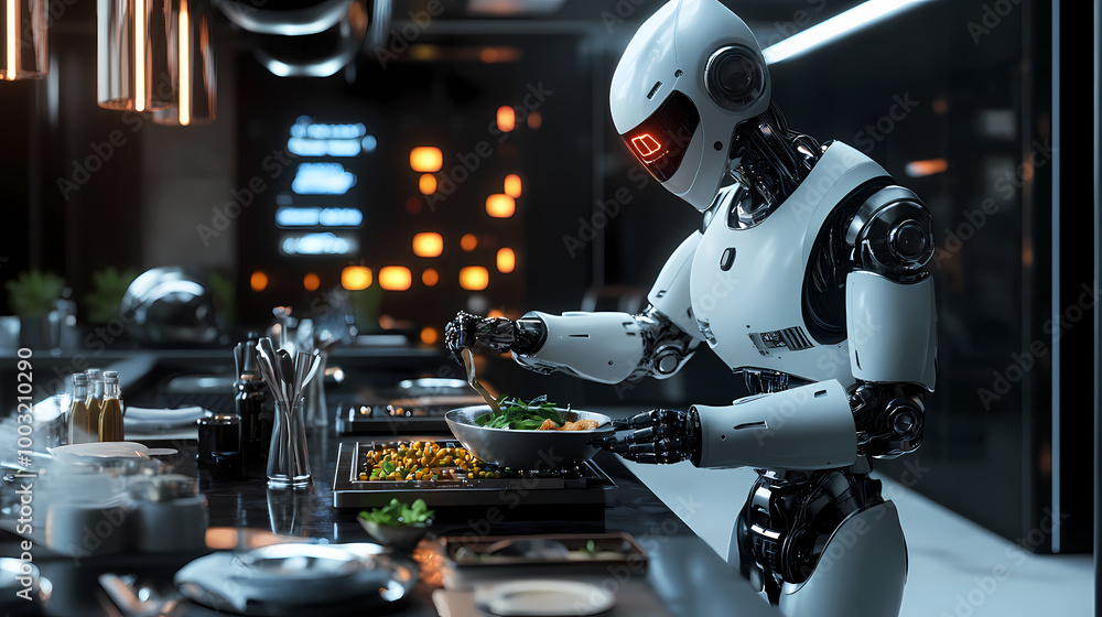 Fototapeta premium 3d rendering of a humanoid robot chef preparing dishes in a restaurant kitchen, representing the future integration of smart robotics and artificial intelligence. Cyberpunk Dystopia. Illustration