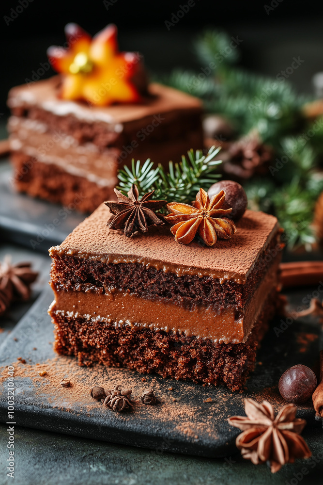 Chocolate cake decorated with festive spices and decorations for Christmas Chocolate cake decorated with festive spices and decorations for Christmas