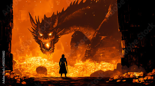 A captivating image of bilbo baggins sneaking through smaug s treasure filled lair the dragon s silhouette looming in the background unaware of the intruder. Dragon's Lair. Illustration photo