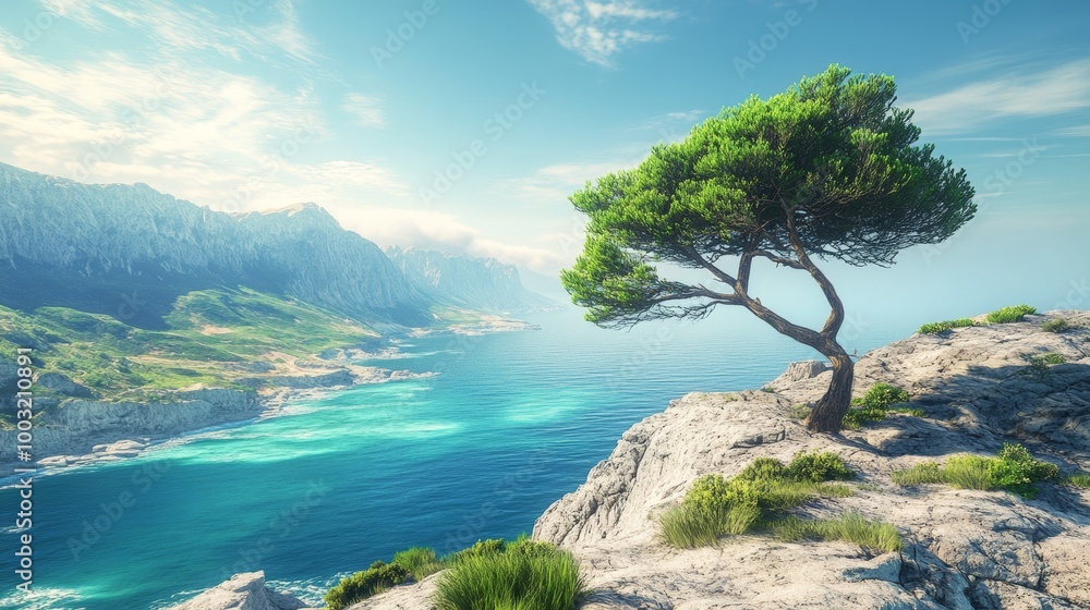 The image depicts a tree in the mountains in 8K resolution The image depicts a tree in the mountains in 8K resolution