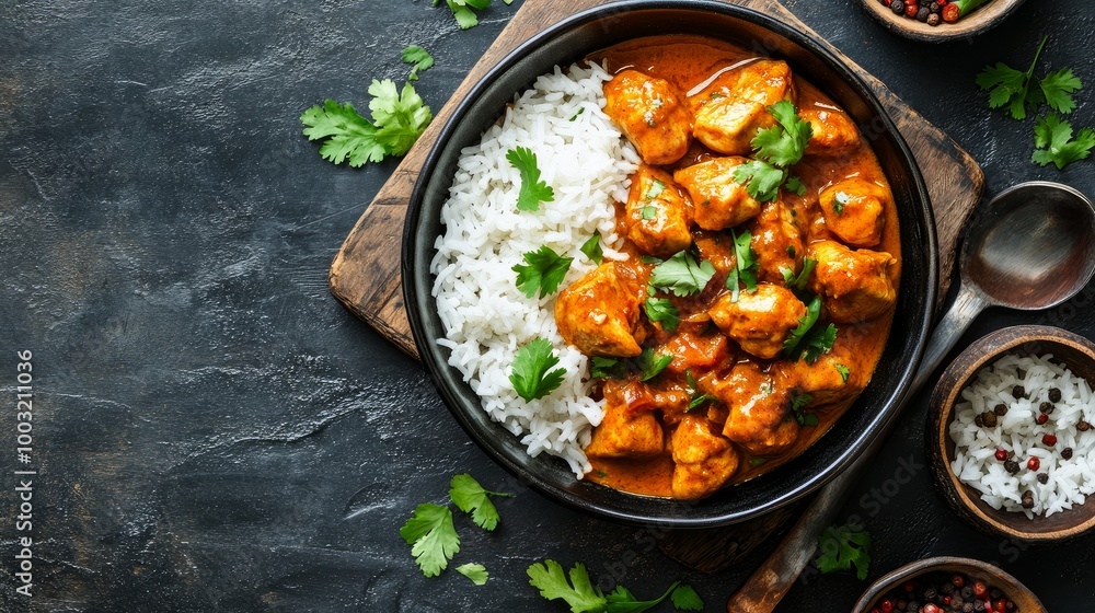 Top view of spicy chicken cooked with rice and curry sauce Top view of spicy chicken cooked with rice and curry sauce