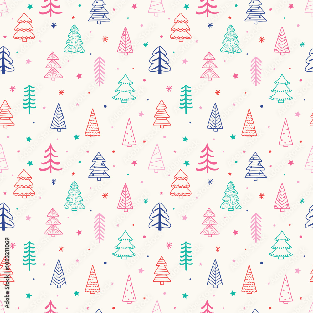 Colourful Christmas tree background. Seamless pattern design in cartoon style. Vector illustration Colourful Christmas tree background. Seamless pattern design in cartoon style. Vector illustration