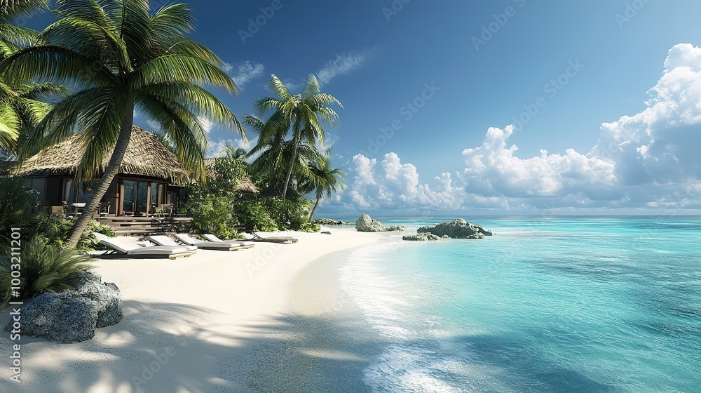 Fototapeta premium A realistic 3D rendering of a tropical beach resort with palm trees, white sand, and crystal-clear water, perfect for vacation brochures
