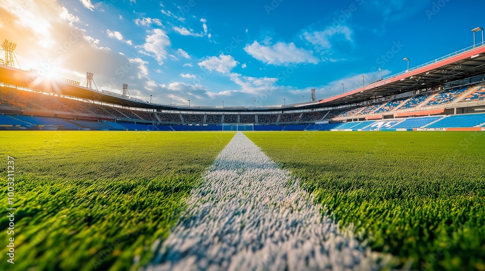 Fototapeta premium empty football field with green grass and blue sky