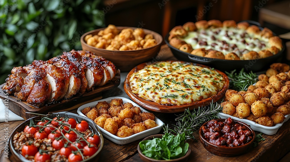 Delicious and abundant food spread for a holiday feast or celebration