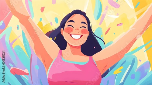 Happy Asian Woman Taking a Selfie After Workout Illustration.