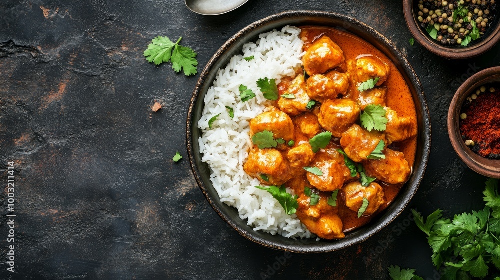Top view of spicy chicken cooked with rice and curry sauce Top view of spicy chicken cooked with rice and curry sauce