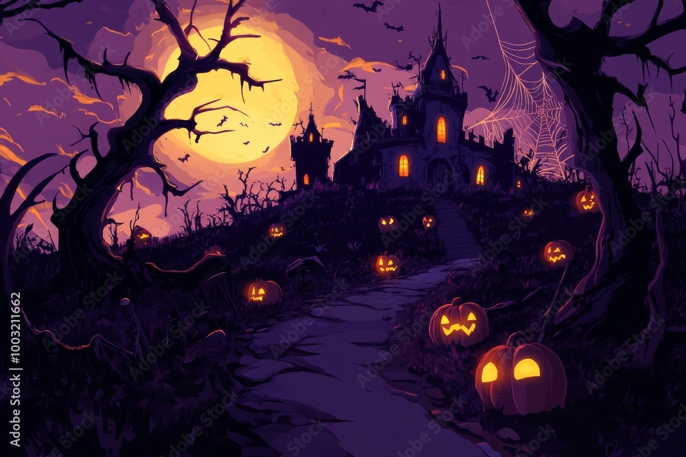 Spooky Forest with a full moon and wooden table, Pumpkins In Graveyard In The Spooky Night - Halloween Backdrop. AI Generated. Spooky Forest with a full moon and wooden table, Pumpkins In Graveyard In The Spooky Night - Halloween Backdrop. AI Generated.