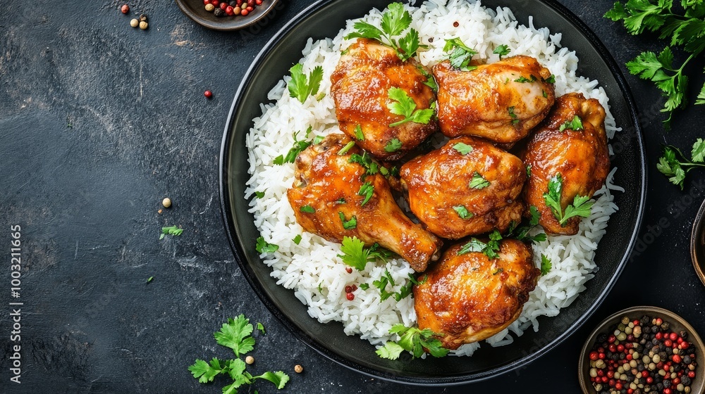 Top view of spicy chicken cooked with rice and curry sauce Top view of spicy chicken cooked with rice and curry sauce