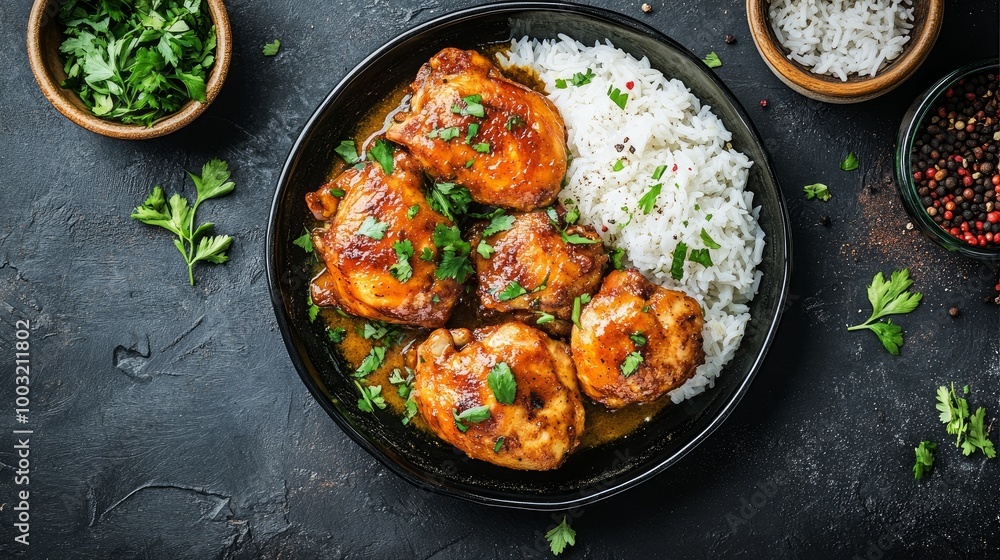 Top view of spicy chicken cooked with rice and curry sauce Top view of spicy chicken cooked with rice and curry sauce