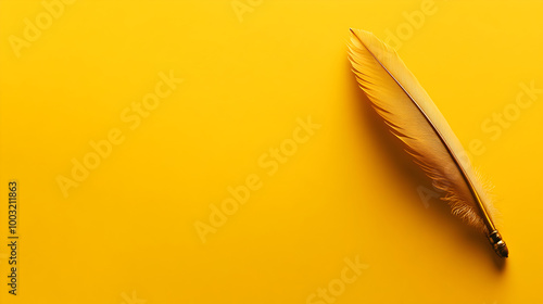 A mustard yellow background with an antique quill pen resting flat in the center. Quill pen on a yellow background.


