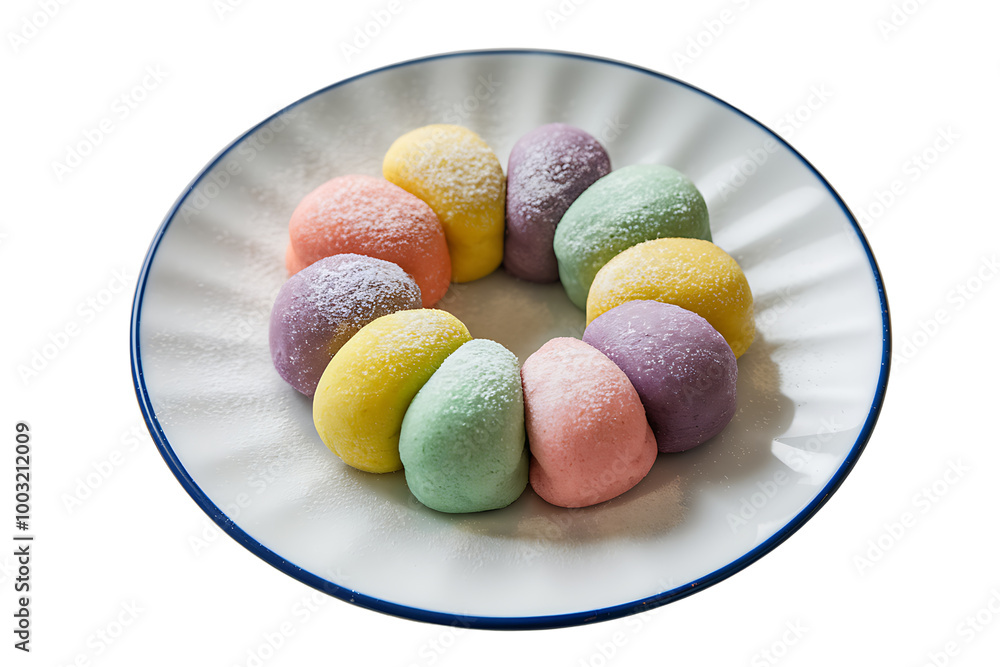 plate of colorful mochi dusted with powdered sugar isolated on white background plate of colorful mochi dusted with powdered sugar isolated on white background