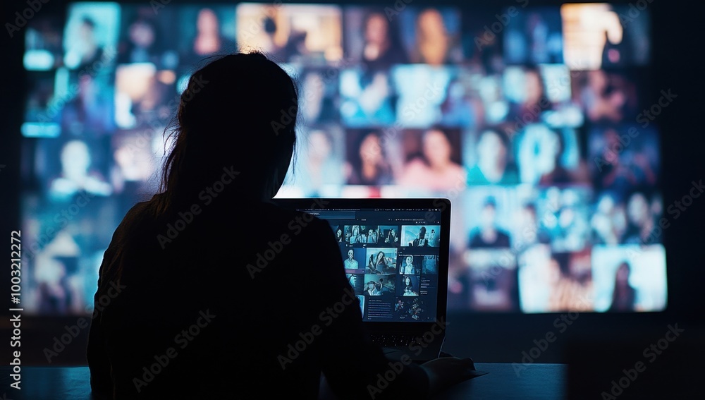A person in silhouette is using their laptop to participate in an online video conference with many people on the screen, all talking and laughing together Generative AI A person in silhouette is using their laptop to participate in an online video conference with many people on the screen, all talking and laughing together Generative AI