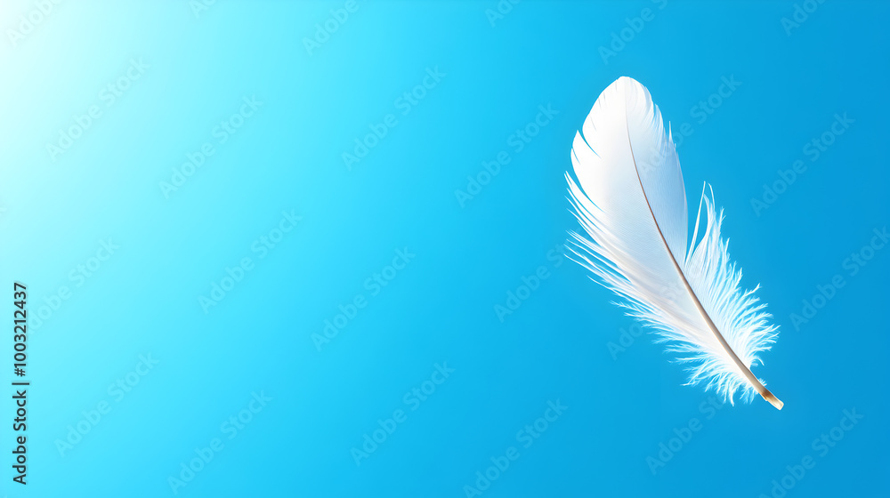 Naklejka premium A soft sky-blue background with a single white feather slowly descending. Feather on a blue background.