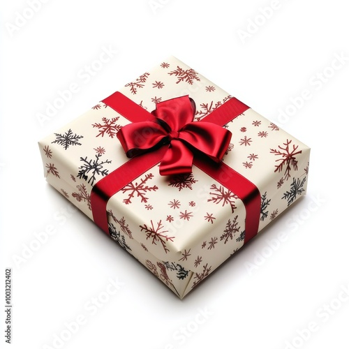 A beautifully wrapped Christmas gift with a red ribbon and snowflake design on a white background