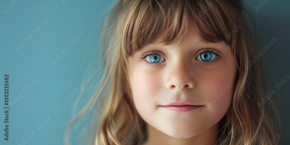 A young girl with striking blue eyes and light brown hair gazes softly at the camera, framed by a bright blue background, exuding innocence A young girl with striking blue eyes and light brown hair gazes softly at the camera, framed by a bright blue background, exuding innocence