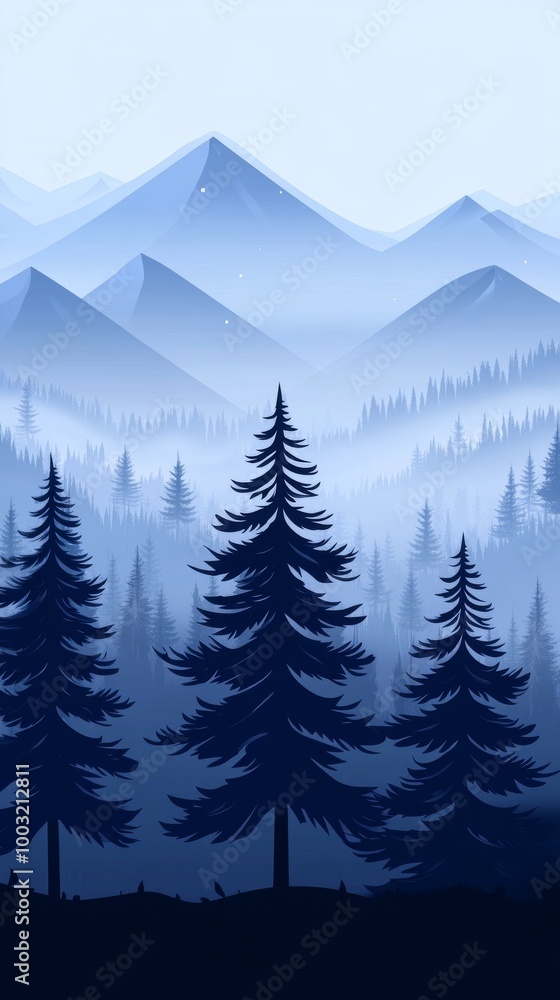 Fototapeta premium Foggy forest in the mountains and hills retro color landscape background for phone wallpapers, media, social samples, banners, and stories.