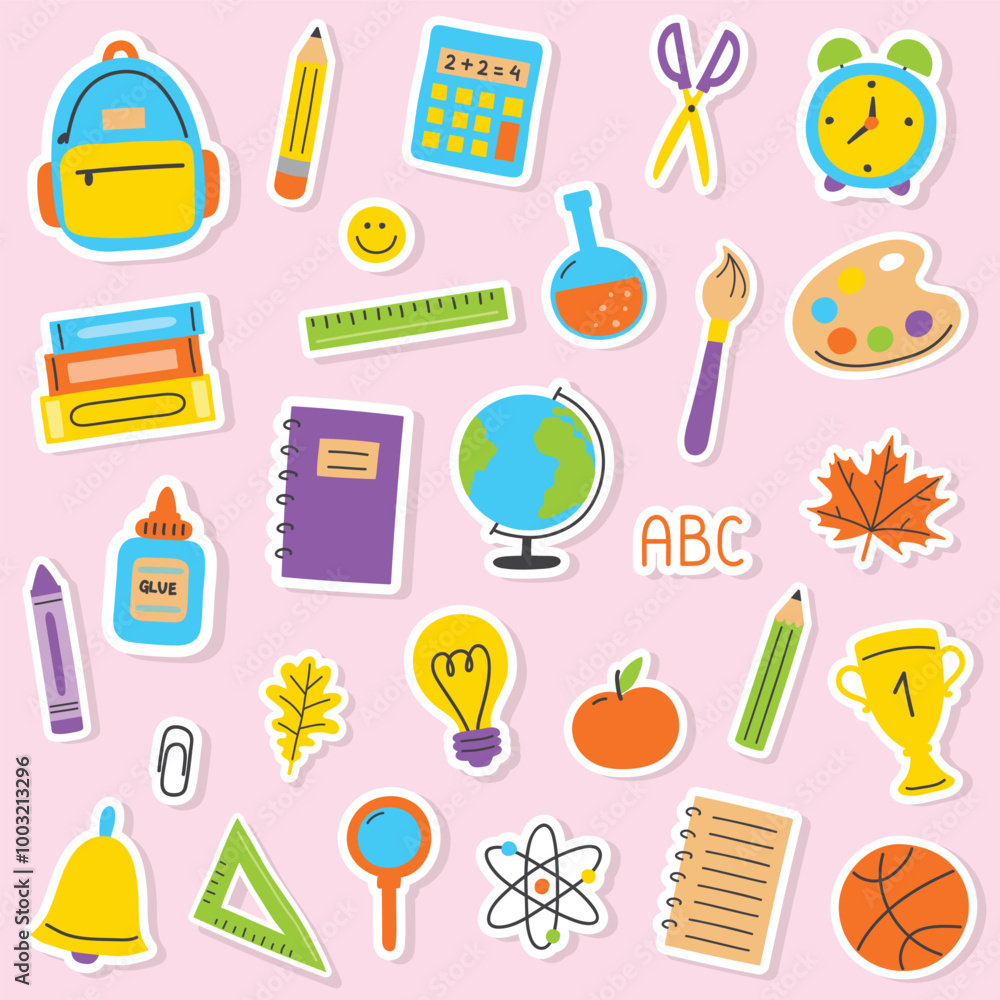 Collection of a cartoon icons. Back to School stickers design. Vector illustration Collection of a cartoon icons. Back to School stickers design. Vector illustration