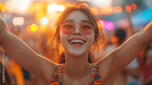 Happy woman at music festival with arms raised and colorful sunglasses.