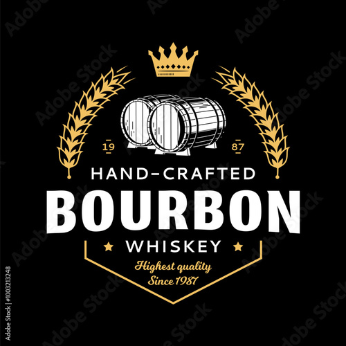 Vector bourbon whiskey white and gold logo isolated on a black background. Distilling business branding and identity design elements