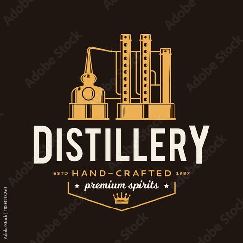 Vector beige and yellow vintage distillery logo isolated on a dark background