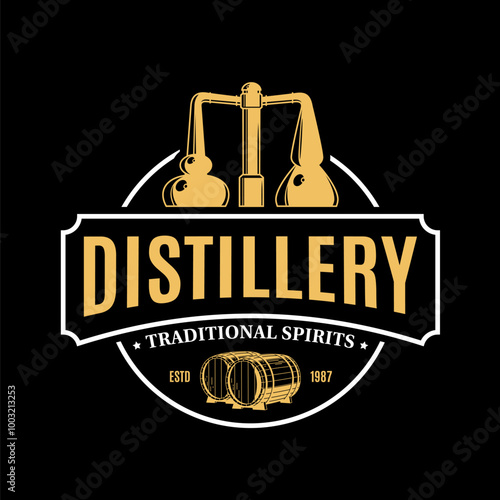 Vector white and yellow vintage distillery logo isolated on a black background