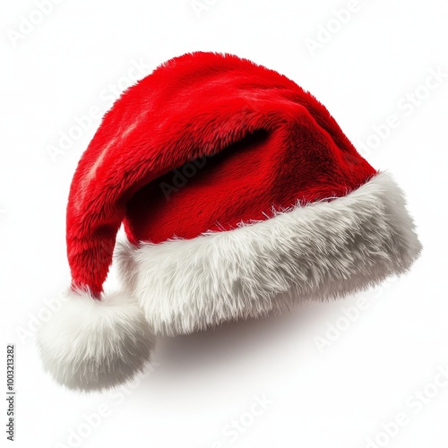 Bright red Christmas hat with fluffy white trim placed on a flat surface during the holiday season