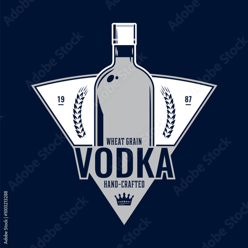 Vodka logo isolated on a dark blue background. Distilling business branding and identity design elements