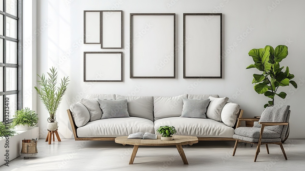 Fototapeta premium A modern living room with a series of empty frames arranged symmetrically on a white wall, adding a touch of contemporary art