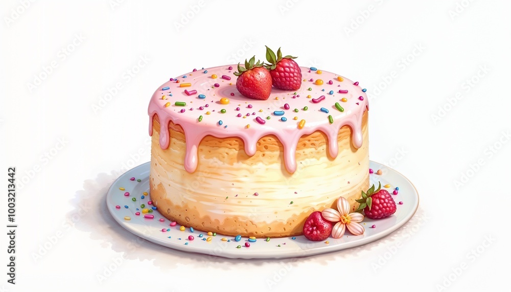 Delicious cream cake topped with strawberries and colorful sprinkles, sweet dessert on a plate Delicious cream cake topped with strawberries and colorful sprinkles, sweet dessert on a plate