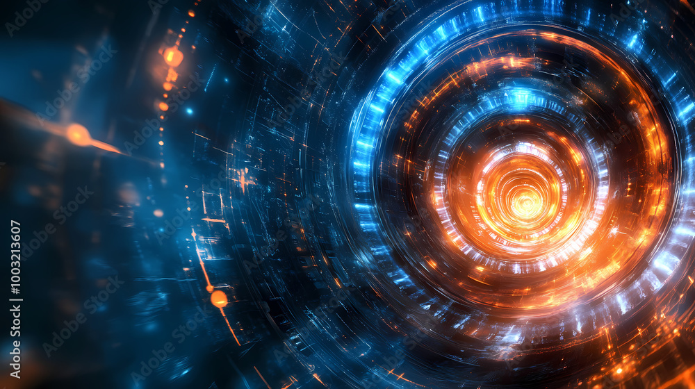 Obraz premium A glowing blue and orange steampunk time vortex tunnel. Steampunk Invention. Illustration