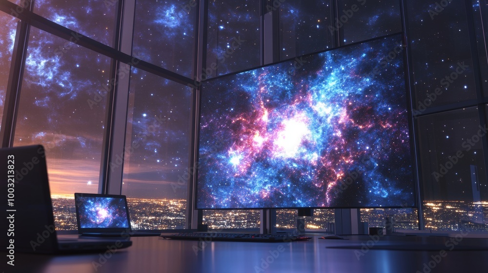 A desktop computer setup with a wallpaper featuring a vibrant galaxy or nebula image A desktop computer setup with a wallpaper featuring a vibrant galaxy or nebula image